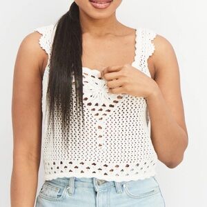 Aqua Crochet Open Weave Cropped Top White Large